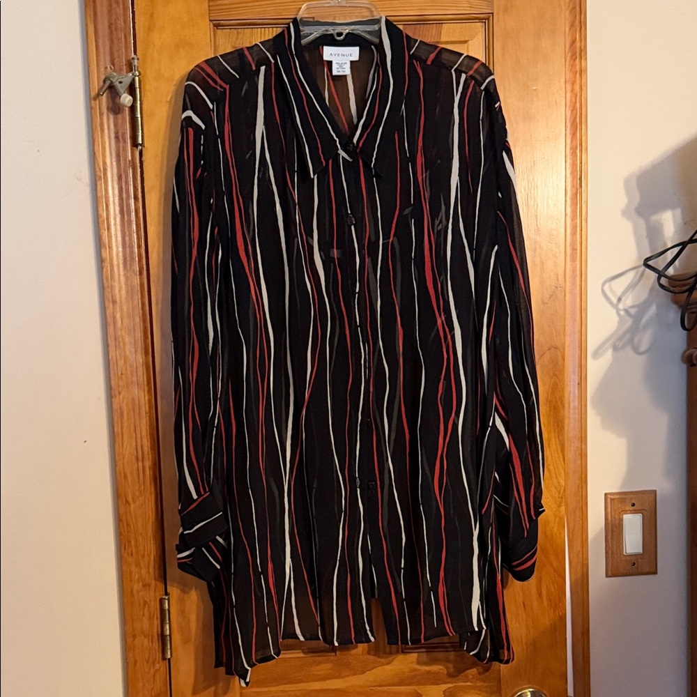 Avenue Black Button-Up Blouse with Red and White Stripes